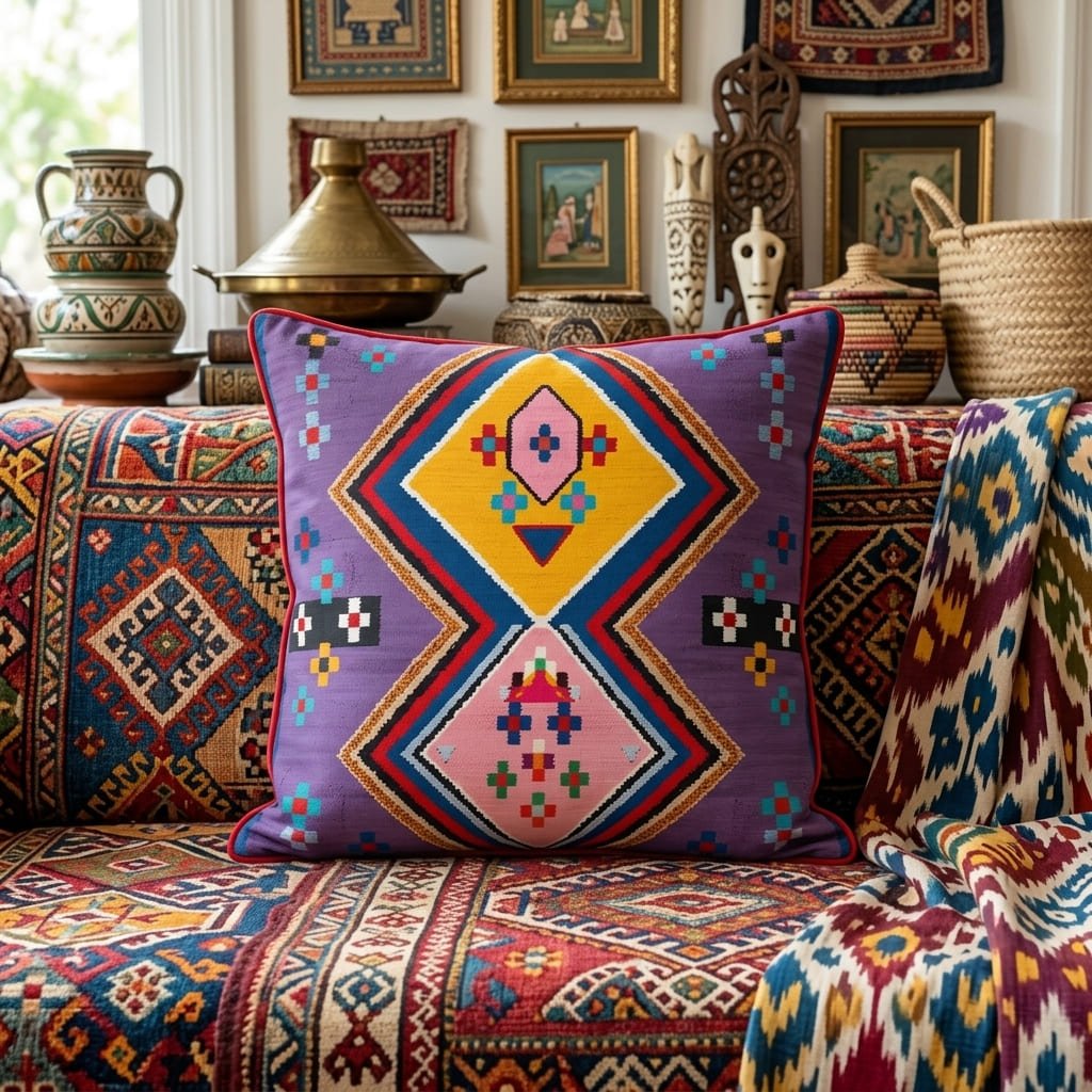 Vibrant Geometric Bohemian Moroccan Kilim Pattern Pillow
