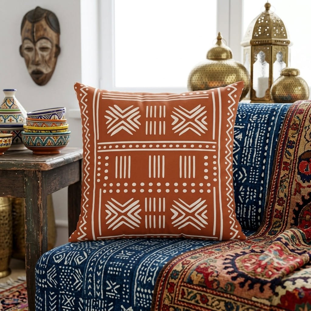 Rustic Hand-Drawn African Mudcloth Pattern Pillow