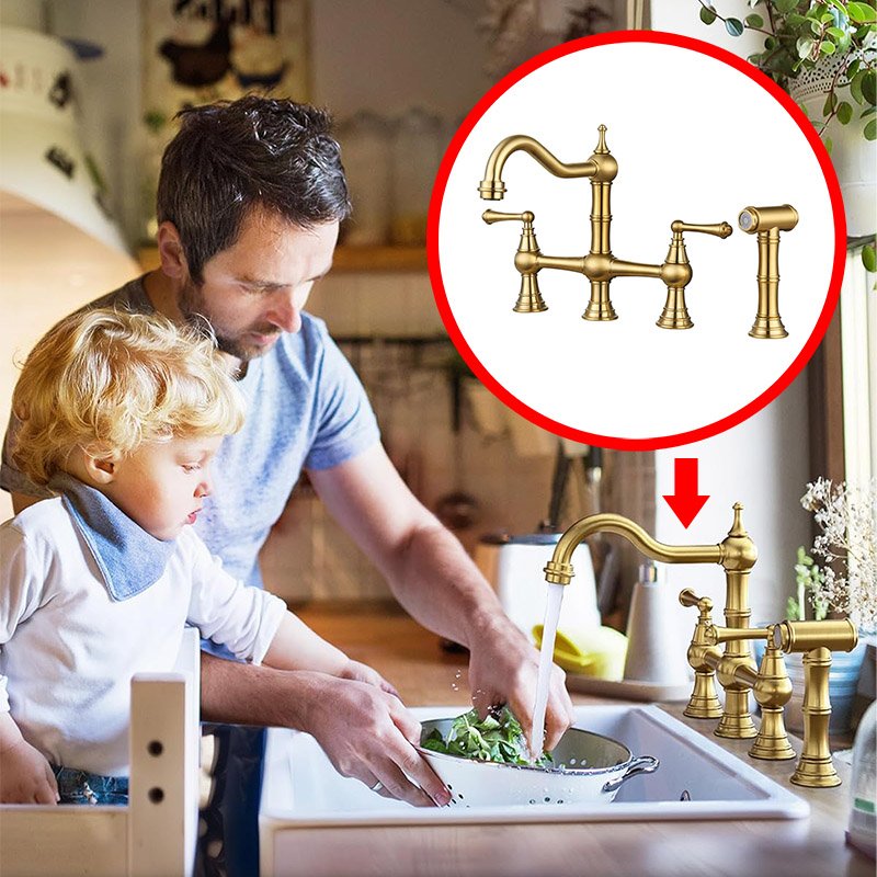 WOWOW Heritage Brushed Gold Bridge Faucet