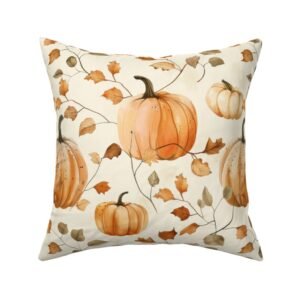 Throw Pillow in Soft Watercolor Pumpkin and Leaf Pattern