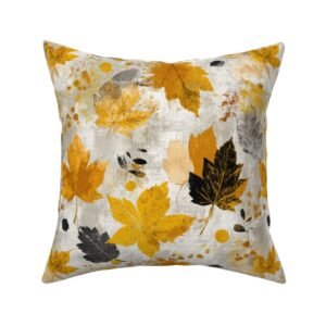 Throw Pillow in Mixed-Media Maple Leaf Pattern on Textured Linen