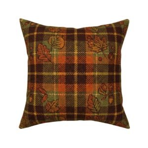 Throw Pillow in Vintage Farmhouse Autumn Plaid Leaves