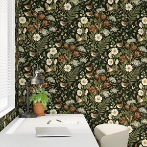 Wallpaper in Botanical Birds & Tulips Dark Cottagecore Pattern