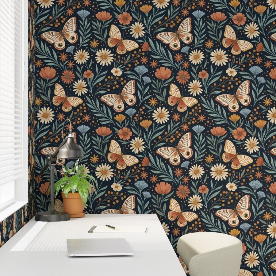 Wallpaper in Boho Butterfly Botanical Dark Floral Pattern