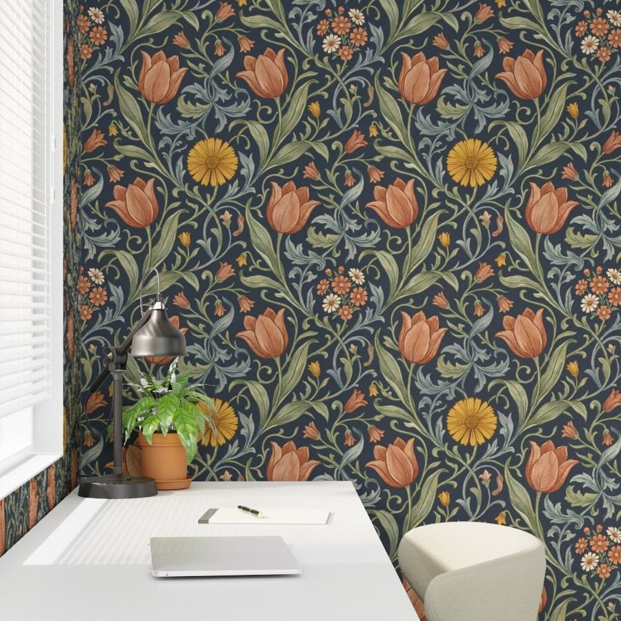 Wallpaper in Vintage Art Nouveau Terracotta Tulip Floral