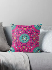 Vibrant Pink Boho Floral Mandala Pattern Pillow