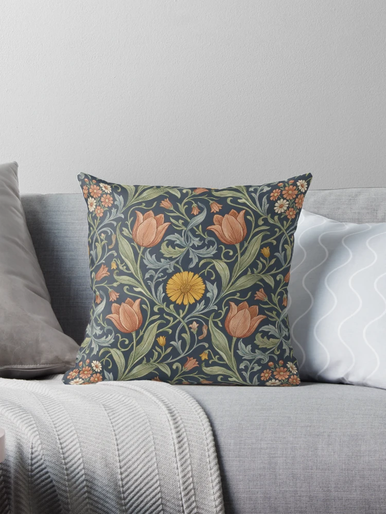Antique Navy Art Nouveau Botanical Floral Patter Pillow